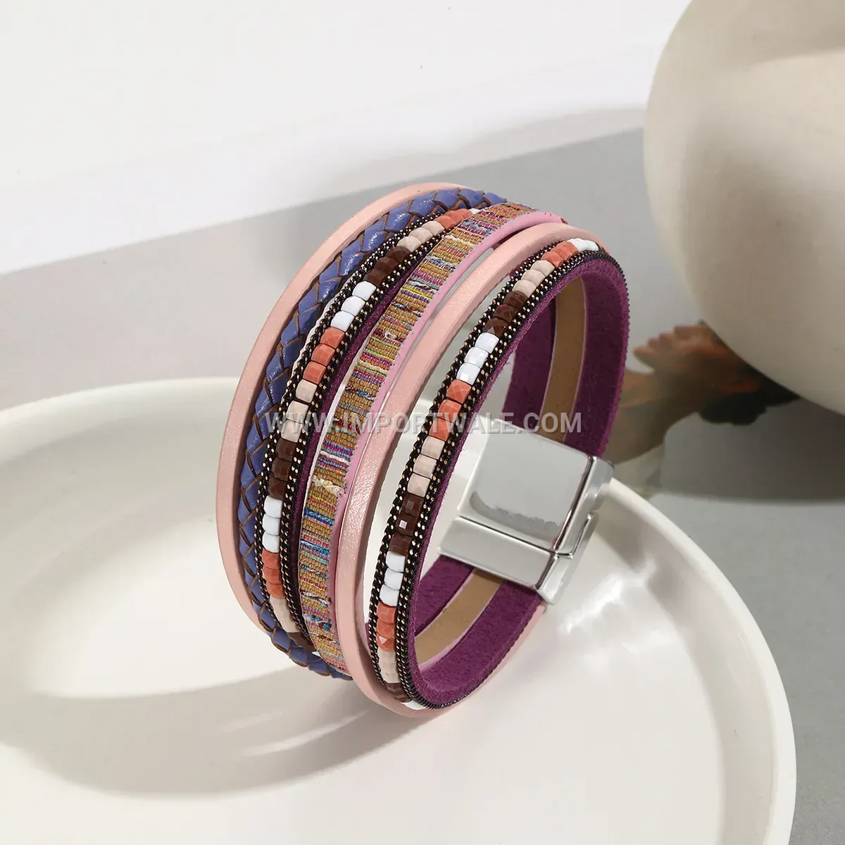 Multi-Strand Faux Leather Wrap Bracelet with Magnetic Clasp