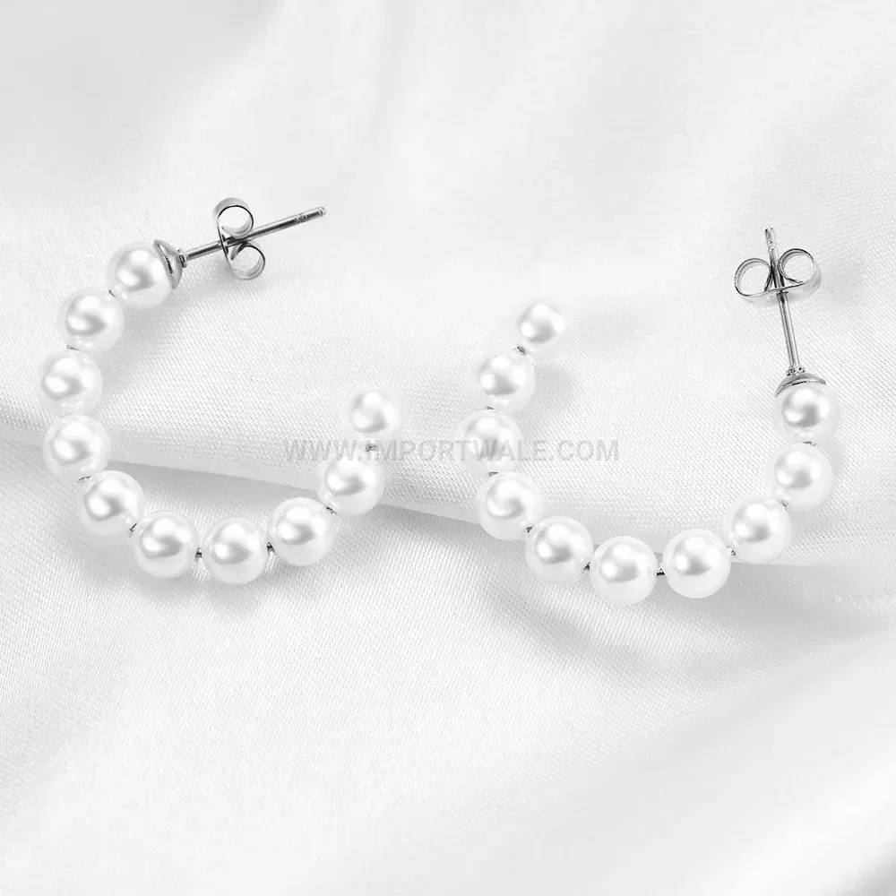 Stainless Steel Pearl Accent C Hoop Stud Earrings