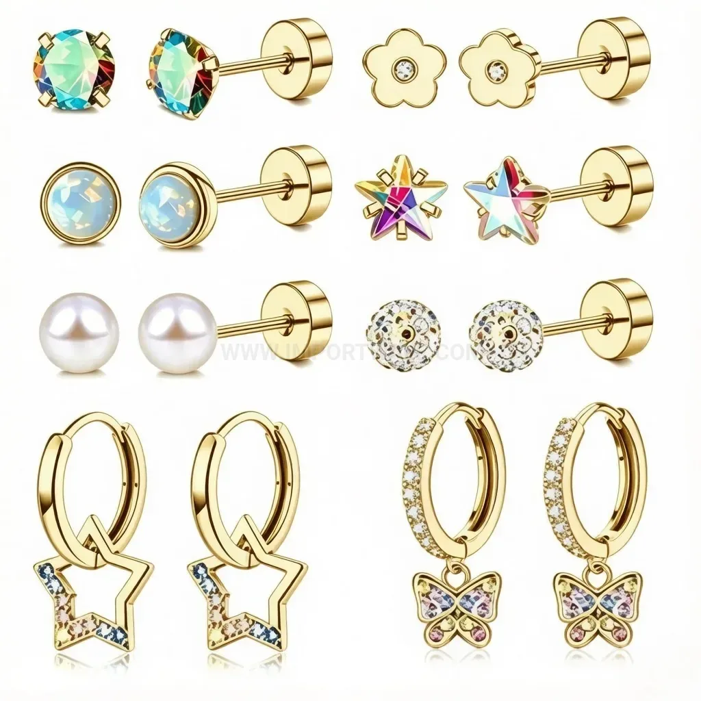 Chic Stainless Steel Floral Zirconia Piercing Studs and Hoops Set