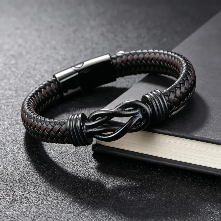 Premium Braided Leather Infinity Charm Bracelet with Magnetic Clasp