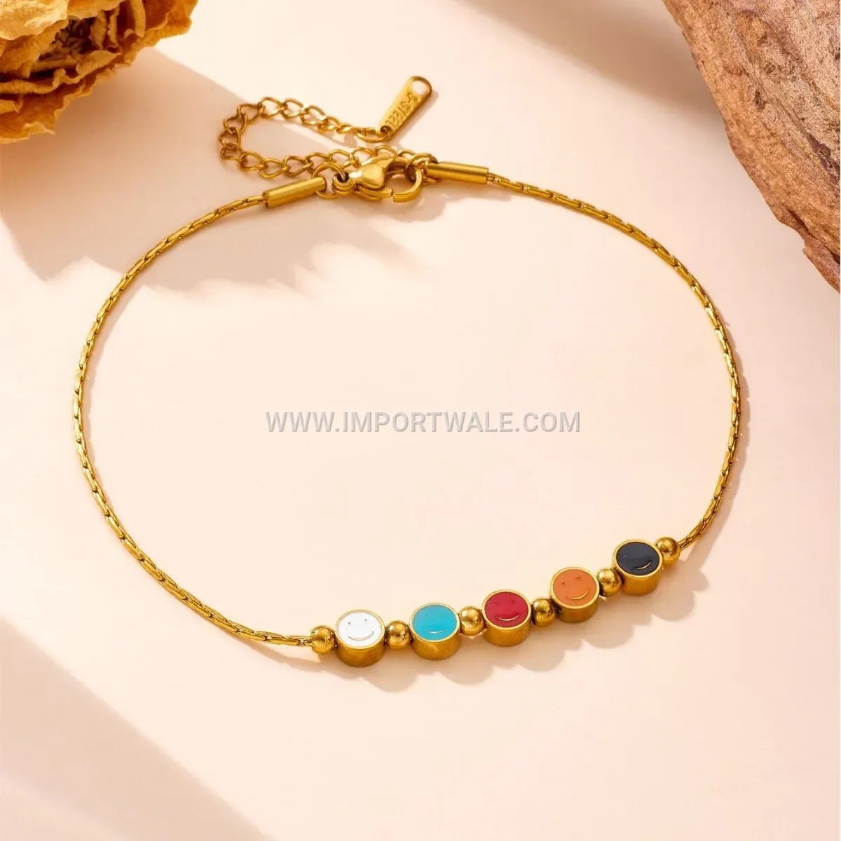 Multicolor Smiley Face Charm Gold Plated Stainless Steel Anklet