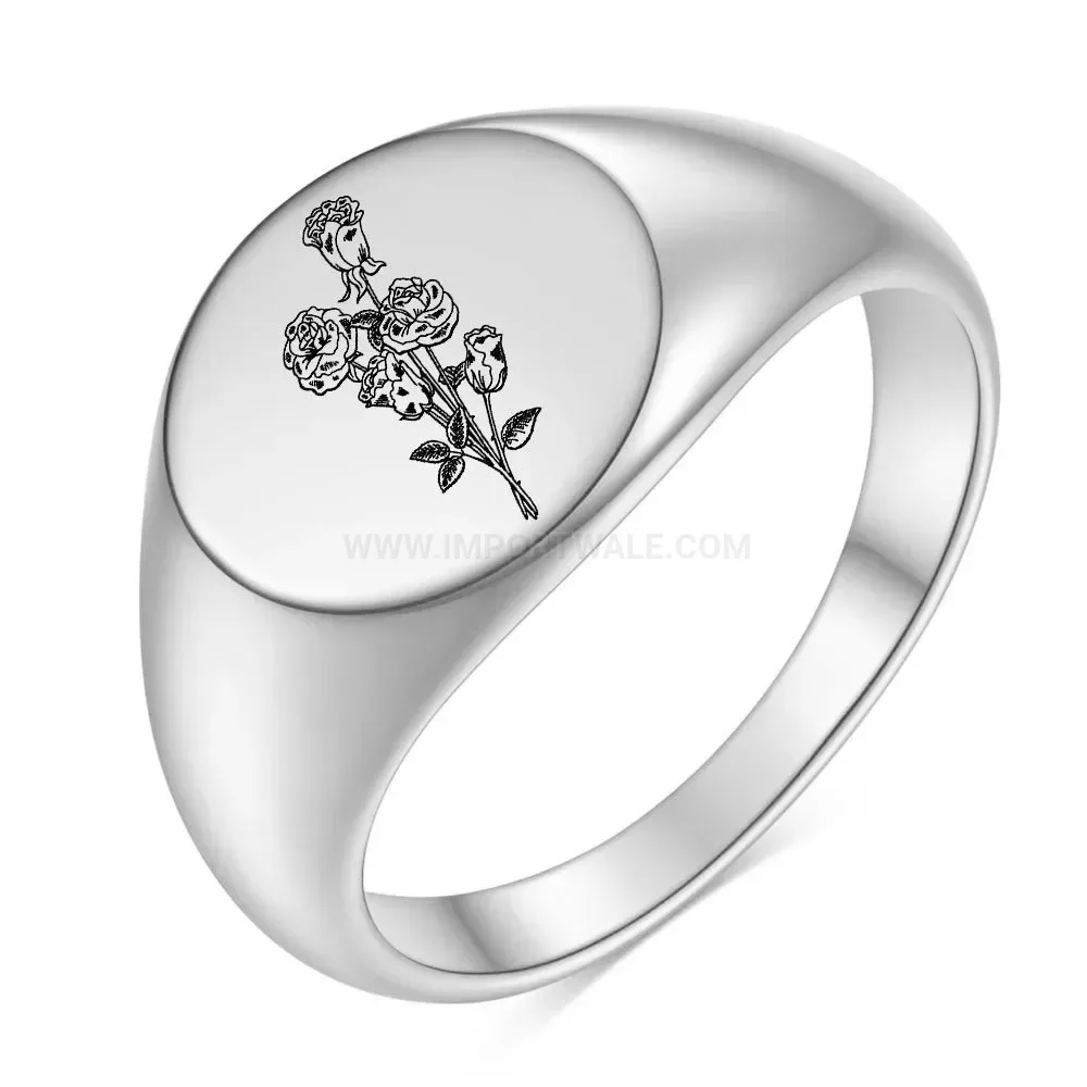 Classic Engraved Stainless Steel Rose Flower Signet Ring
