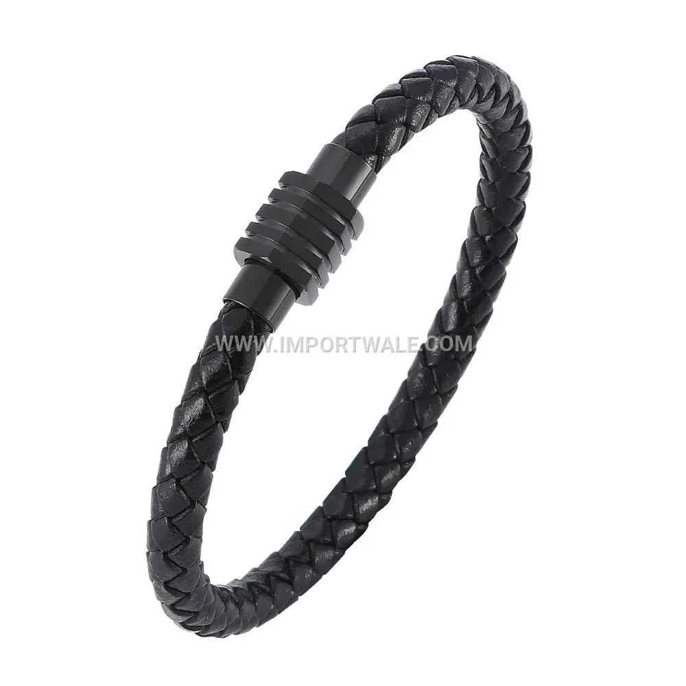 Woven Leather Magnetic Stainless Steel Bracelet for Men