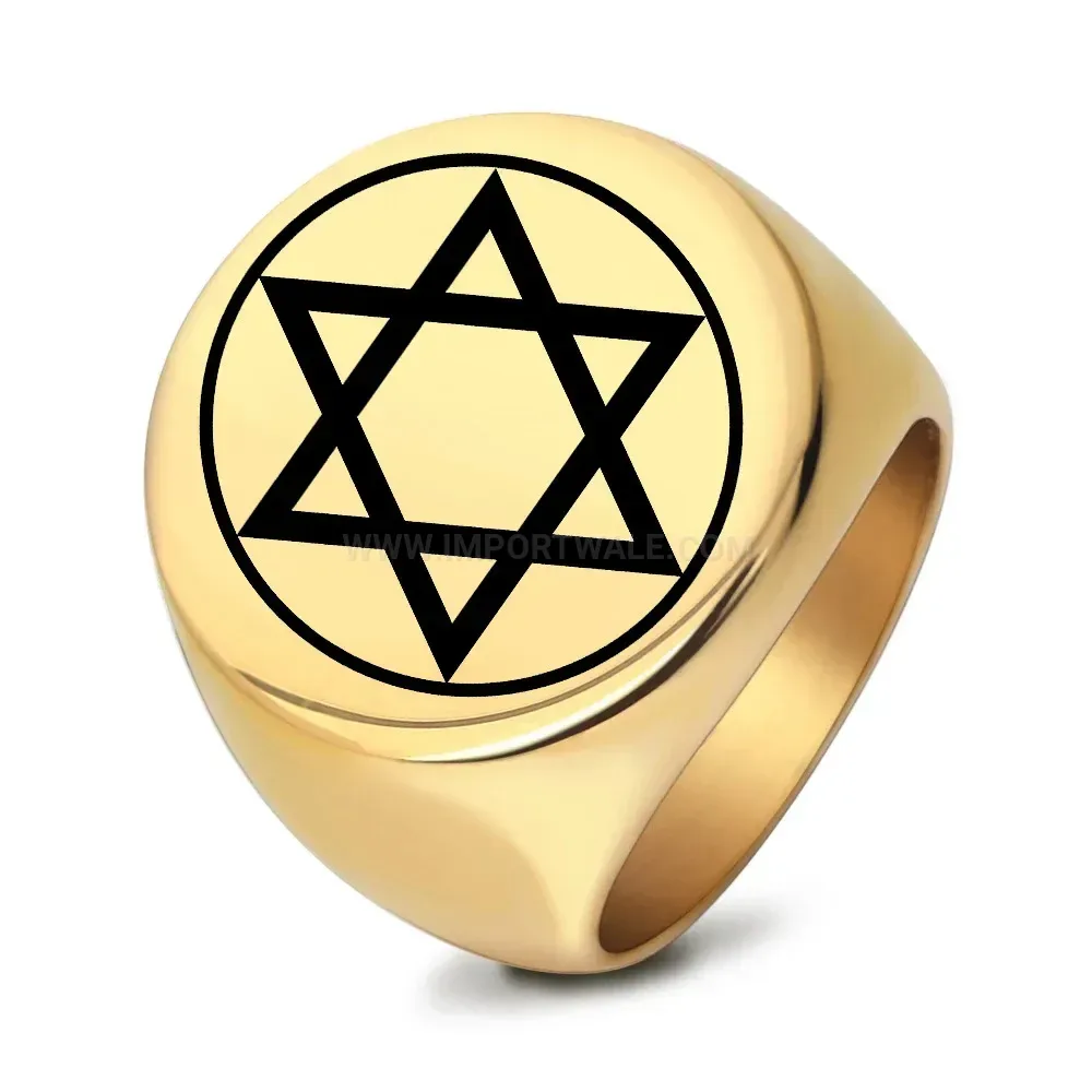 Premium Laser Engraved Hexagram Vintage Stainless Steel Round Signet Ring