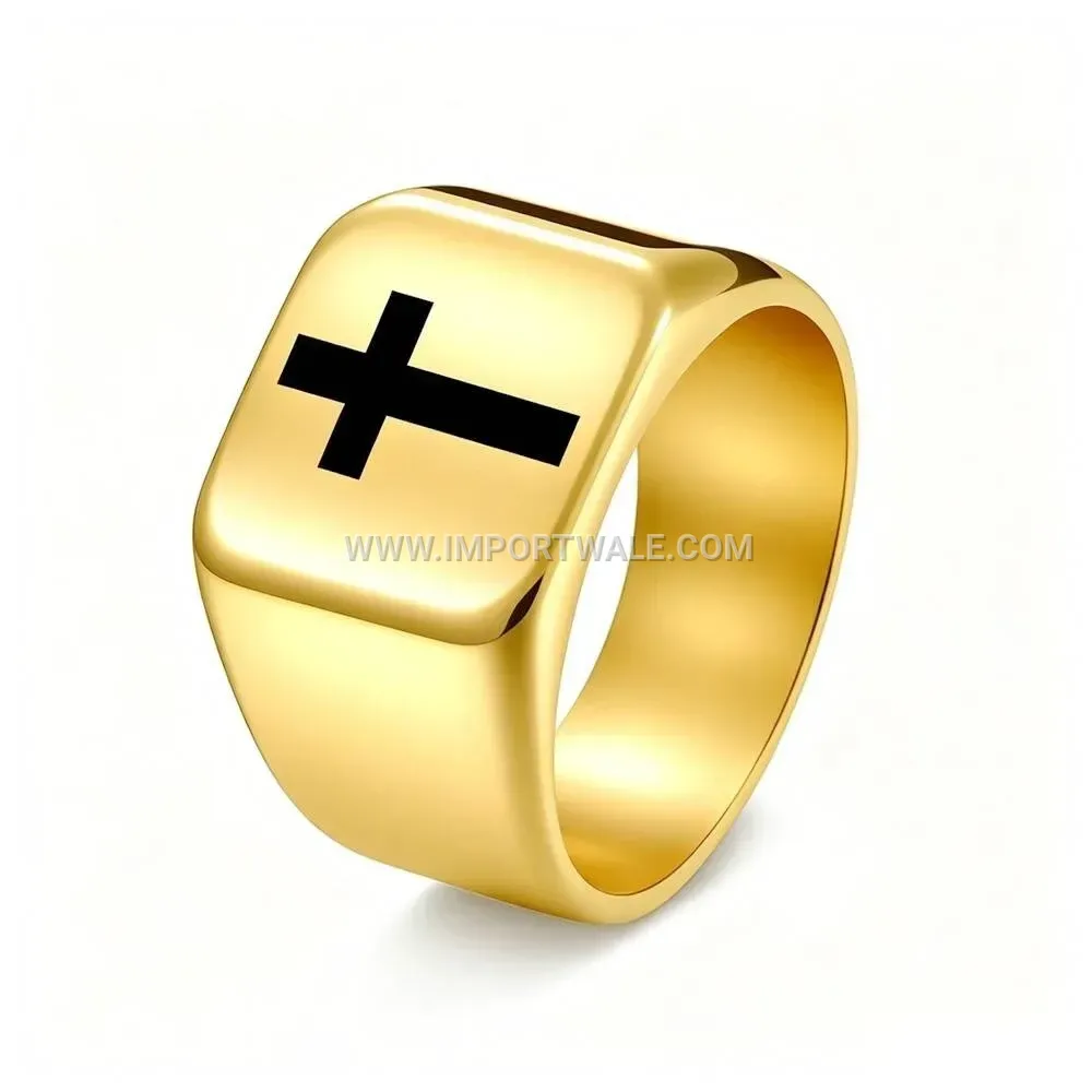 Engraved Cross Square Signet Ring in Stainless Steel