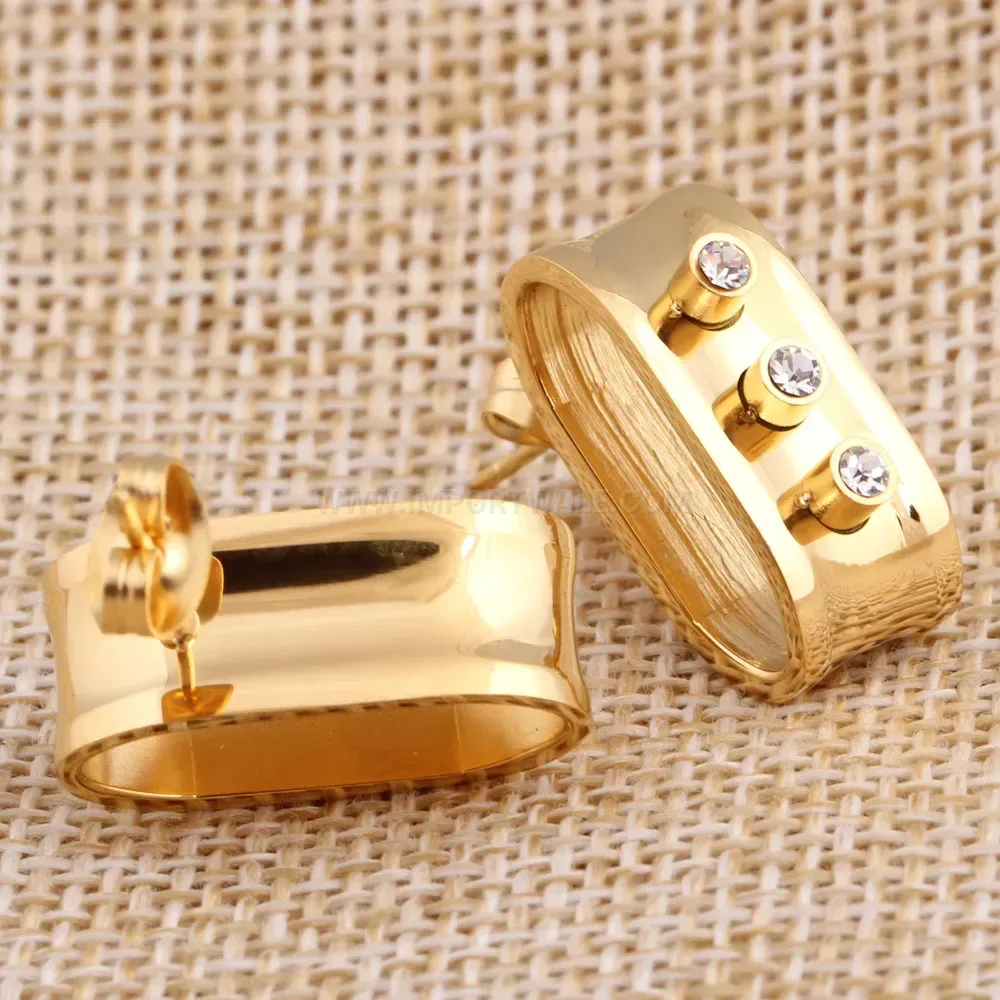 Trendy 18K Gold Plated Belt Buckle Rhinestone Stainless Steel Stud Earrings