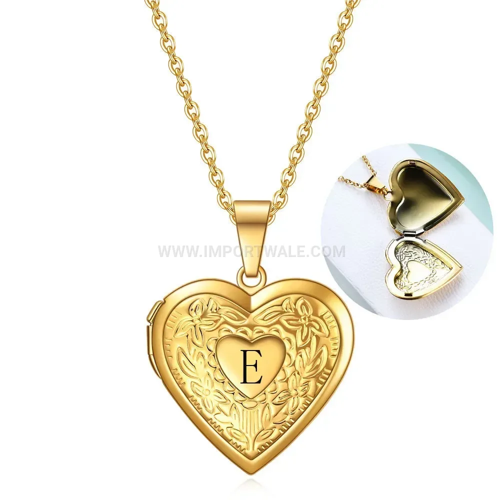 Engraved Initial Letter Heart Locket Stainless Steel Pendant Necklace