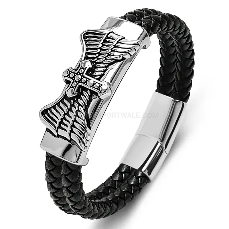 Designer Men's Stainless Steel Cross Wing Accent Two-Tone Leather Bracelet