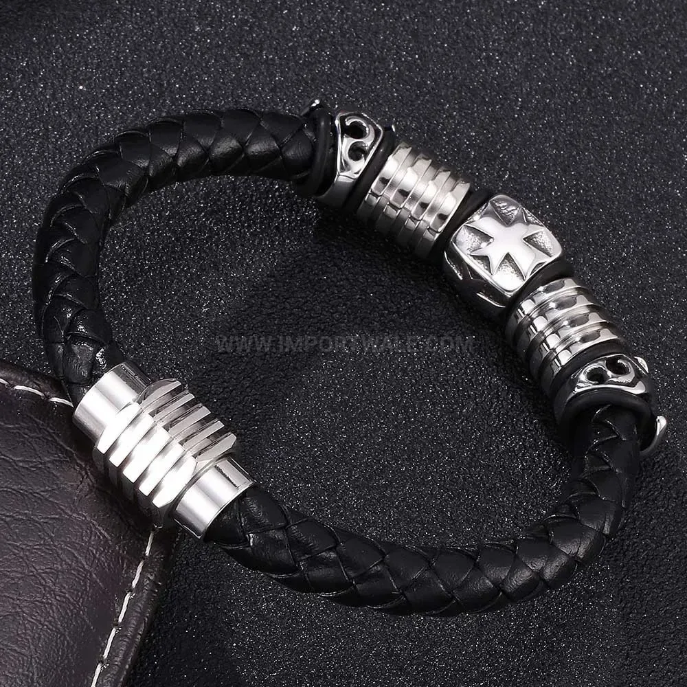 Magnetic Stainless Steel Cross Leather Braid Bracelet