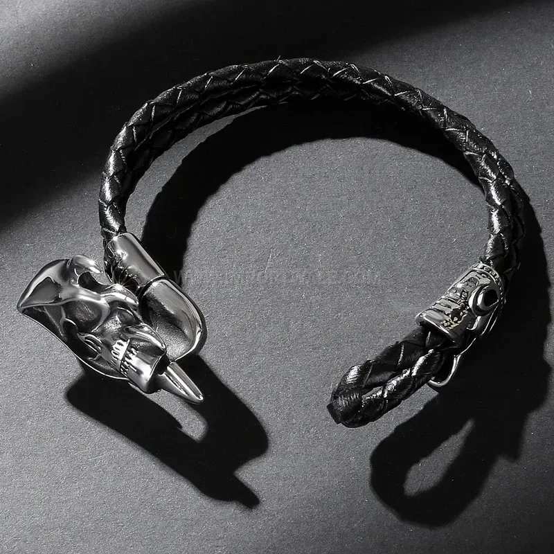 Premium Punk Style Leather Cord Bracelet with Stainless Steel Reaper Skull