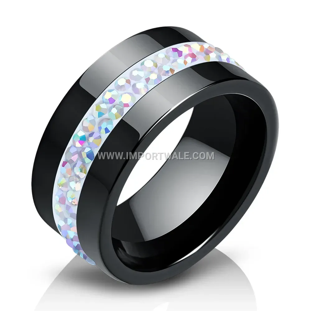 Double-Row Crystal Inlaid 10mm Wide Ceramic Ring