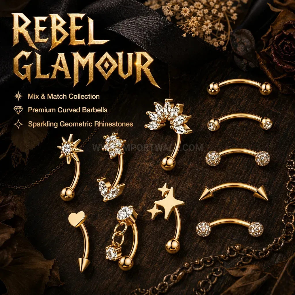 Designer Zircon Star and Heart Curved Barbell Piercing Studs Set