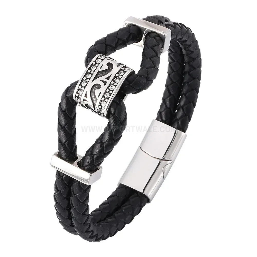 Woven Leather and Stainless Steel Punk Style Clasp Wrap Bracelet