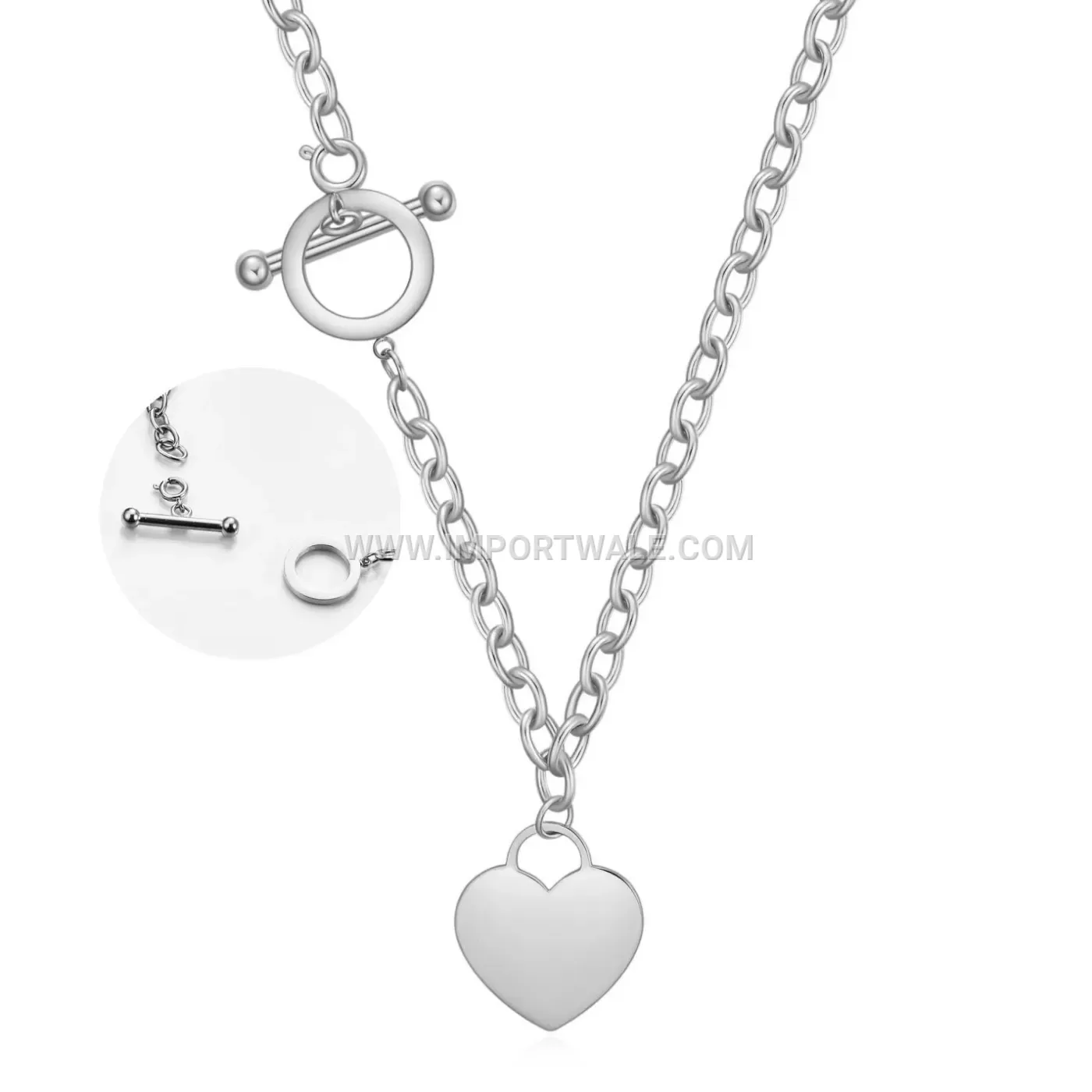 Polished Stainless Steel Heart Pendant Toggle Clasp Necklace