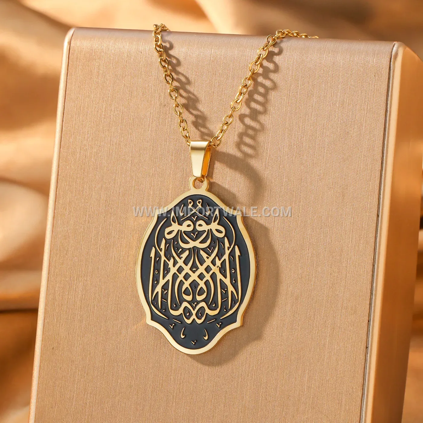 Stainless Steel Black Enamel Shield Allah Calligraphy Pendant Necklace