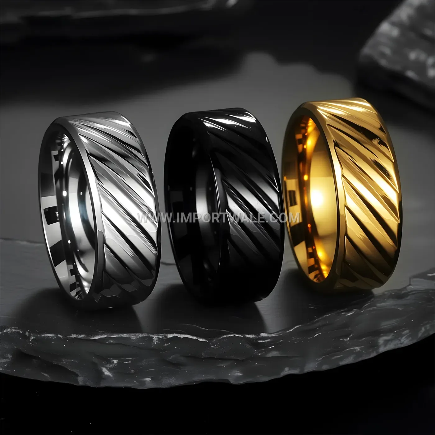 Gold Plated Diagonally Carved Stainless Steel Ring