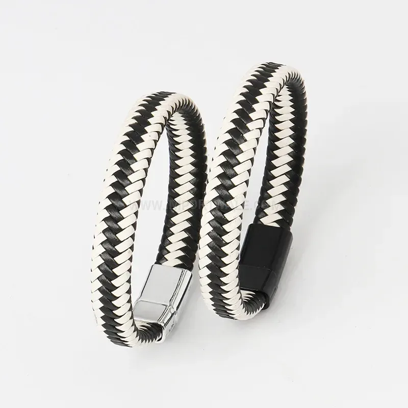 Chic Striped Braided Leather Magnetic Clasp British Style Bracelet