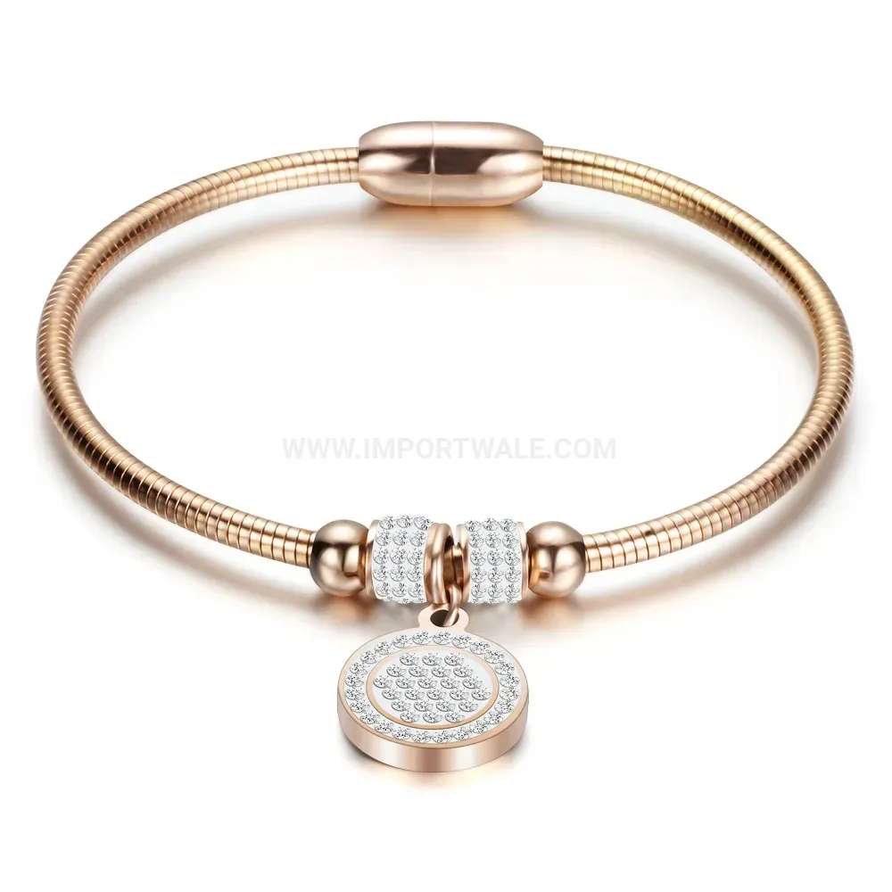 Elegant Crystal Accent Round Motif Magnetic Stainless Steel Snake Chain Bangle