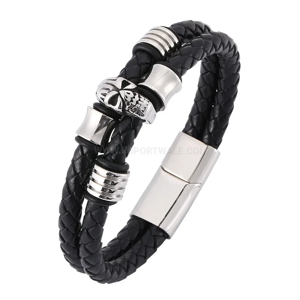 Designer Retro Skull Stainless Steel Accent Woven Leather Cord Bracelet