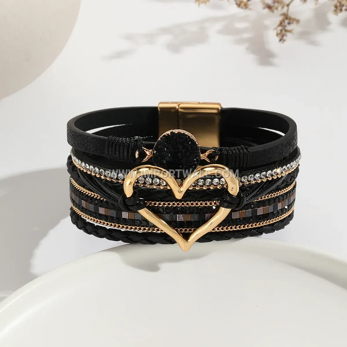 Boho Layered Leather Cord Cuff with Heart Charm