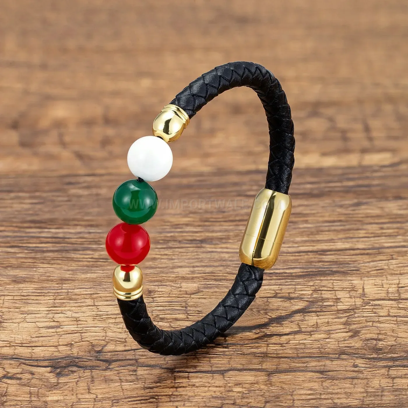 Vintage Braided Leather Stones Bracelet with Stainless Steel Clasp