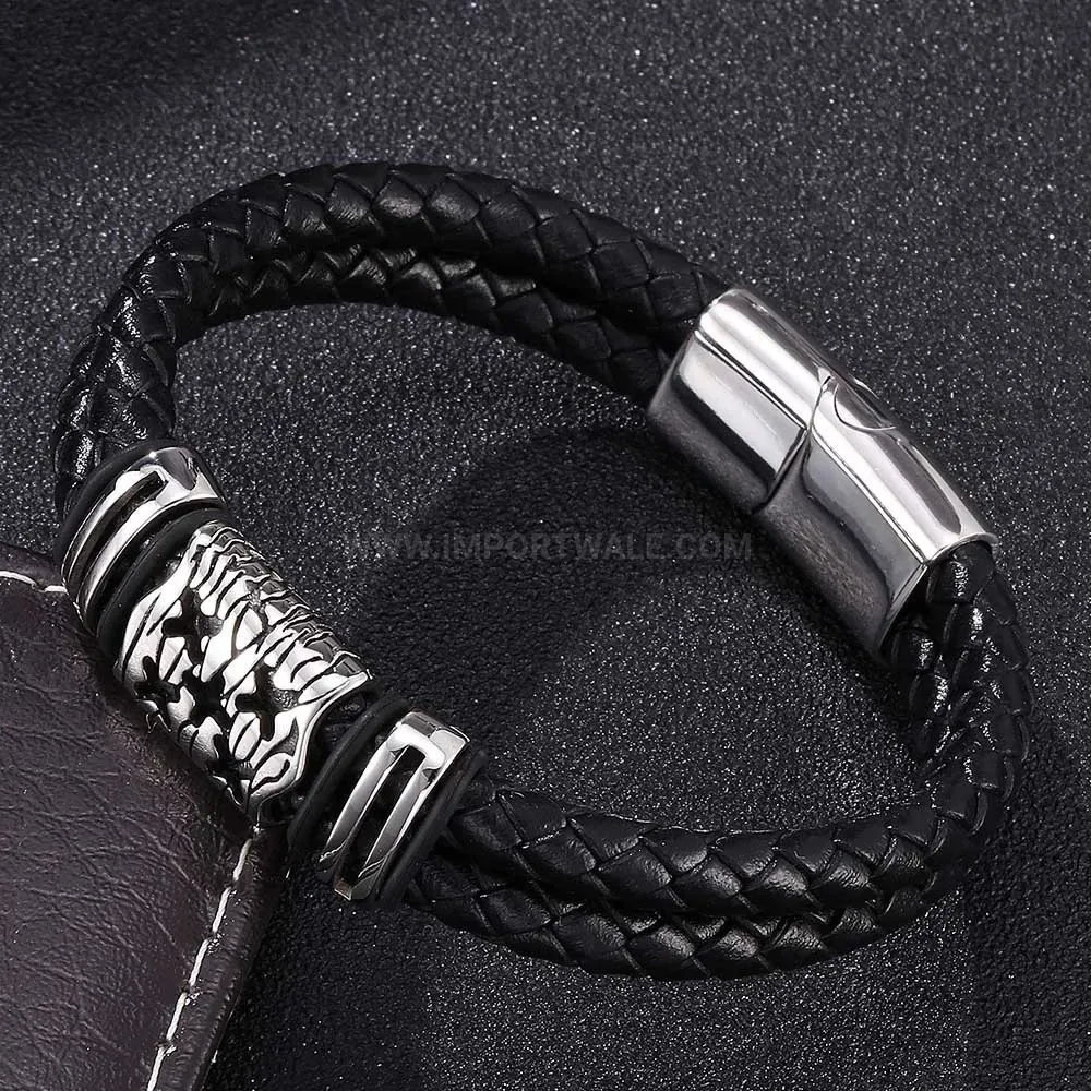 Woven Leather Star Charm Stainless Steel Magnetic Bracelet