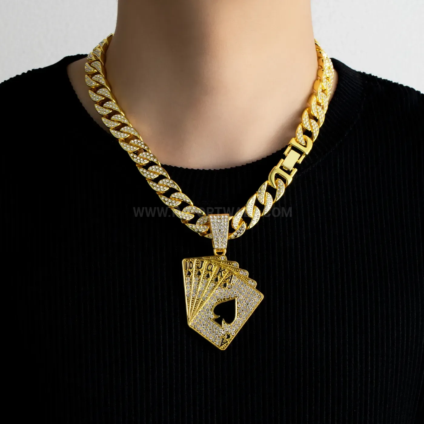 Iced Out Playing Card Pendant Necklace with Cuban Link