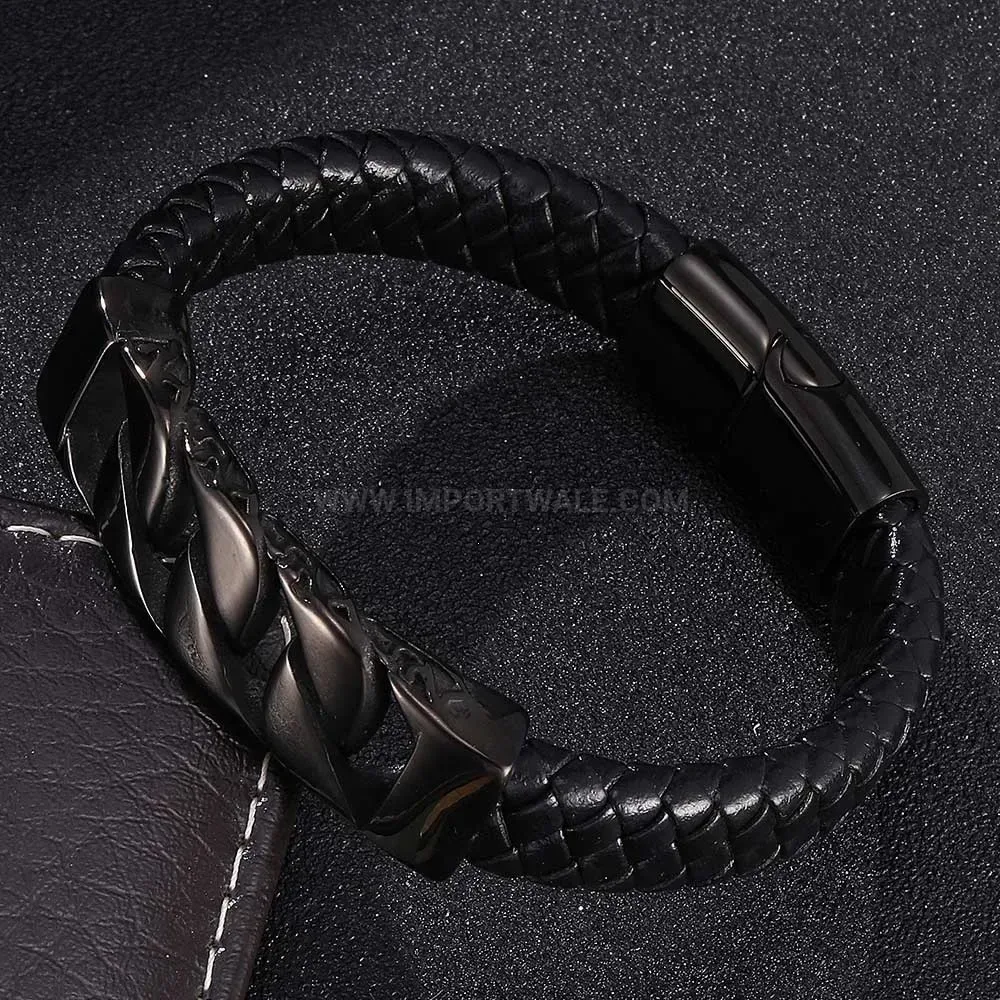 Stylish Woven Leather and Stainless Steel Magnetic Totem Cuff Bracelet