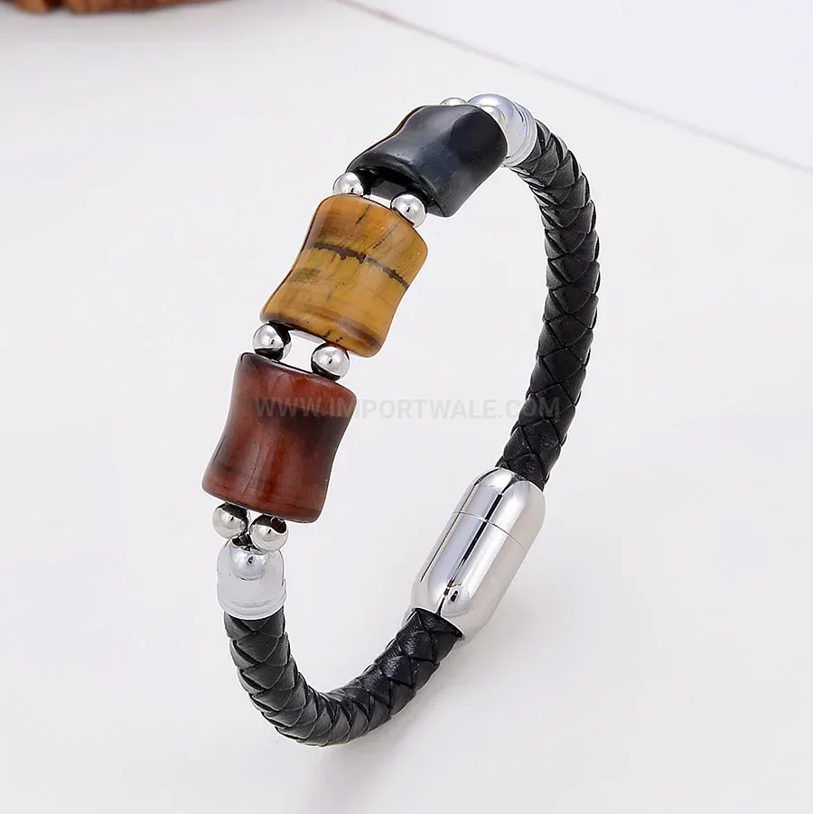 Braided Leather Wristband with Tiger Eye Stone and Stainless Steel Clasp