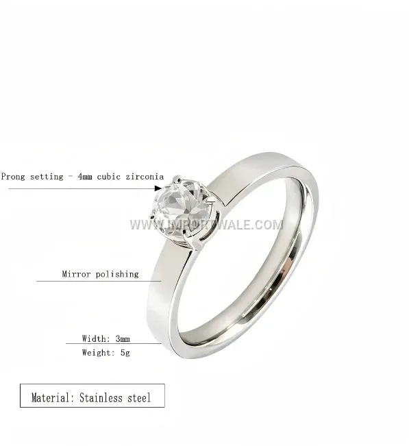 Four-Prong Solitaire Zircon Stainless Steel Band Ring