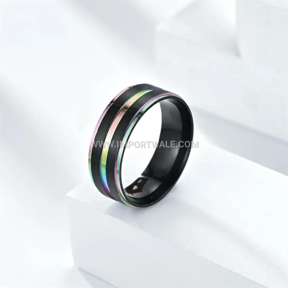 Two-Tone Black and Rainbow Stainless Steel Ring