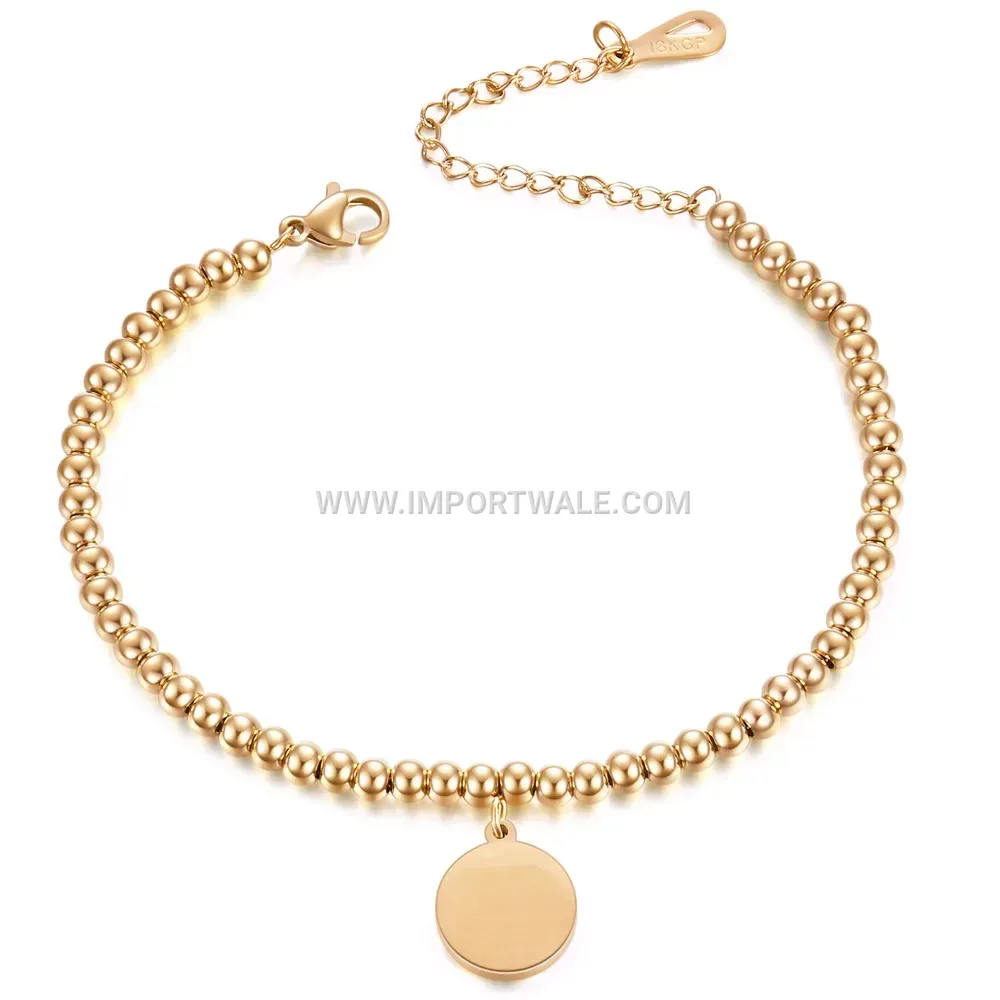 Stainless Steel Beaded Chain Bracelet with Disc Charm Tag