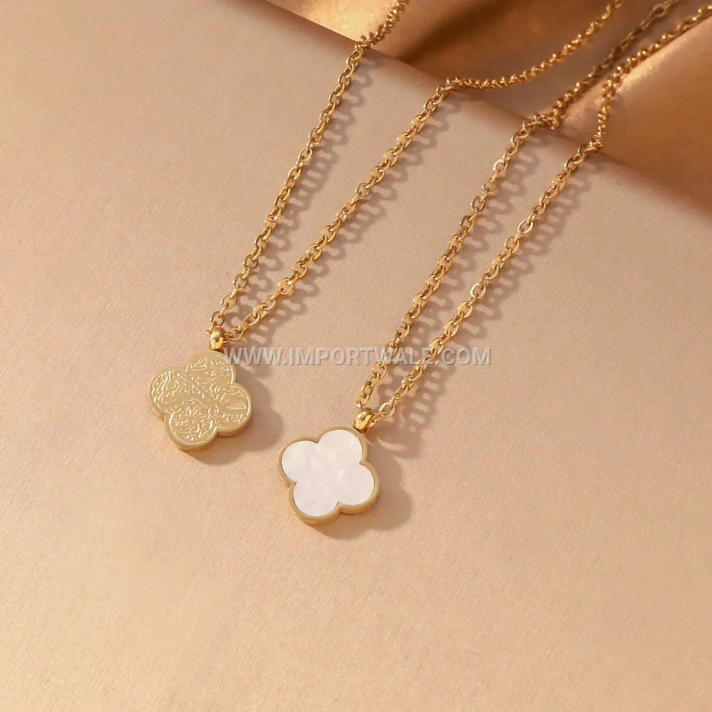 Gold Plated Stainless Steel Double Sided Clover Pendant Necklace