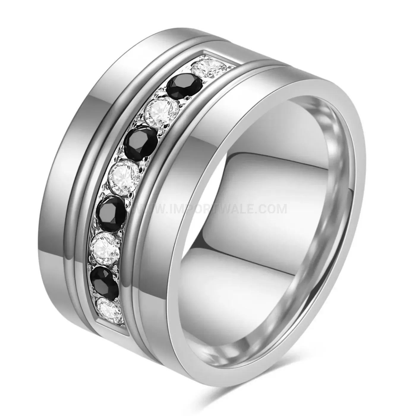 Two Tone Zircon Inlaid Stainless Steel Band Ring