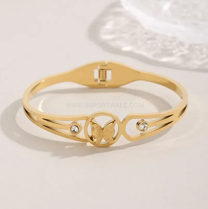 Chic Crystal Cutout Butterfly Titanium Steel Open Bangle