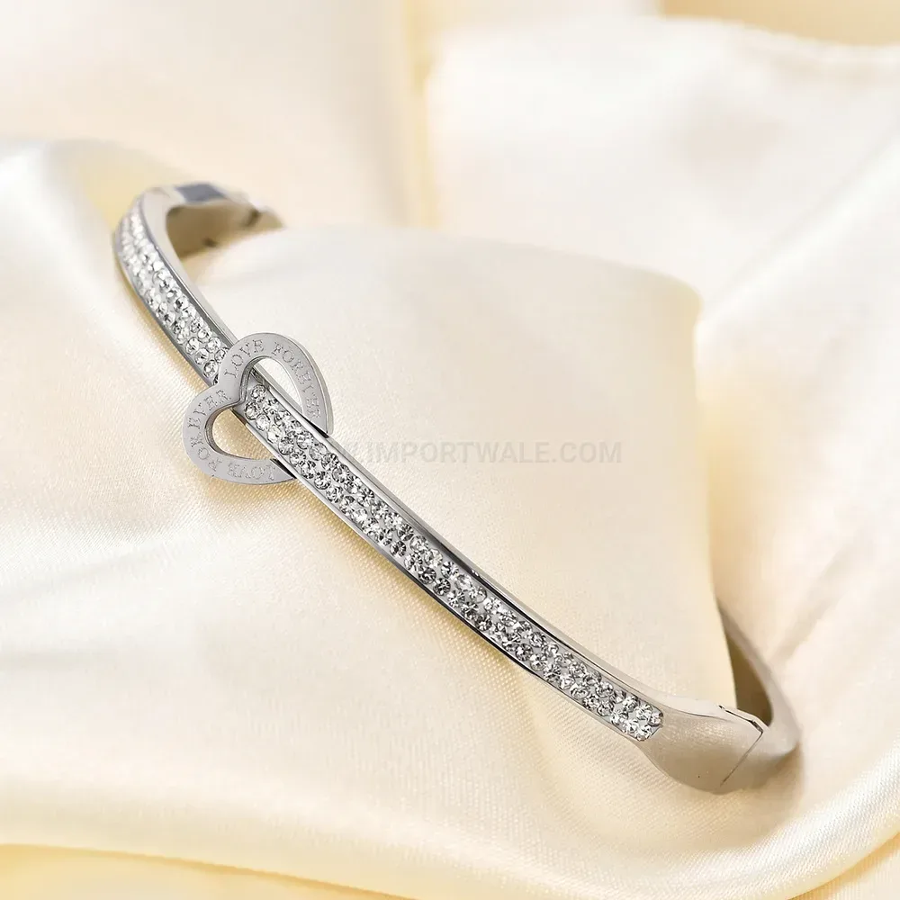 Modern Double Row Rhinestone Heart Open Cuff Bracelet