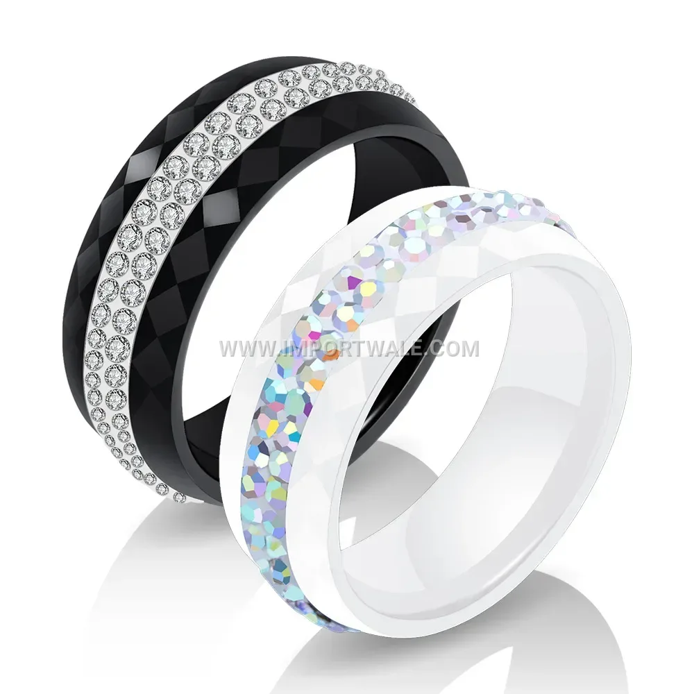 Dual Row Crystal Inlaid Ceramic Statement Ring