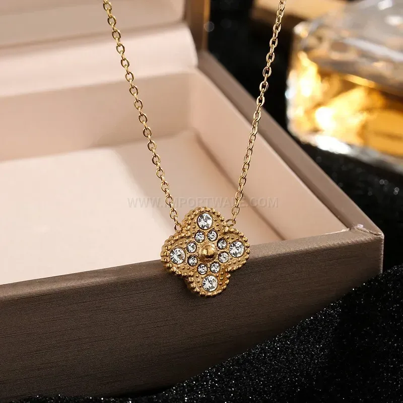 Stylish Rhinestone Four Leaf Clover Shell Pendant Stainless Steel Necklace