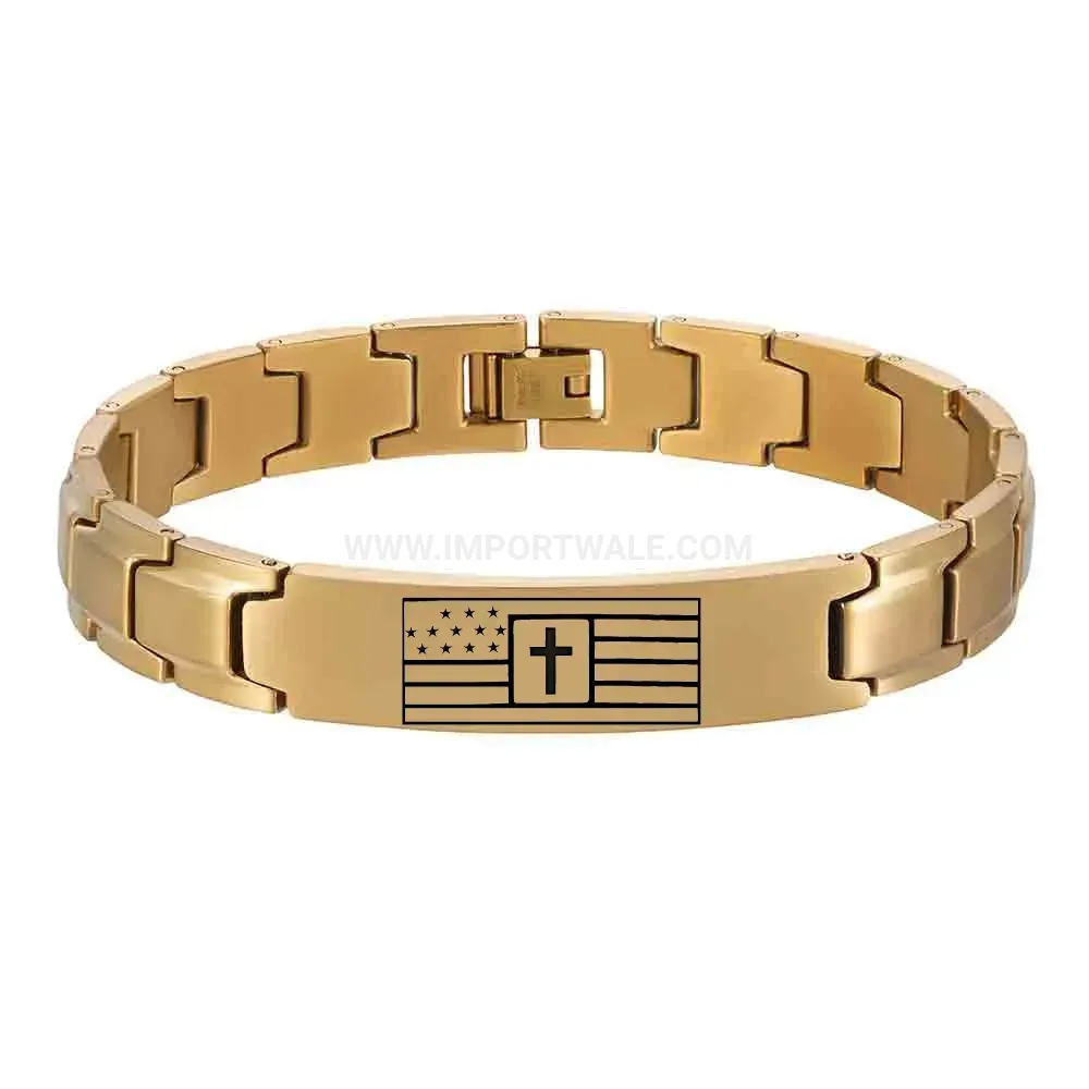Men's Stainless Steel Engraved Cross Flag Watch Band Bracelet