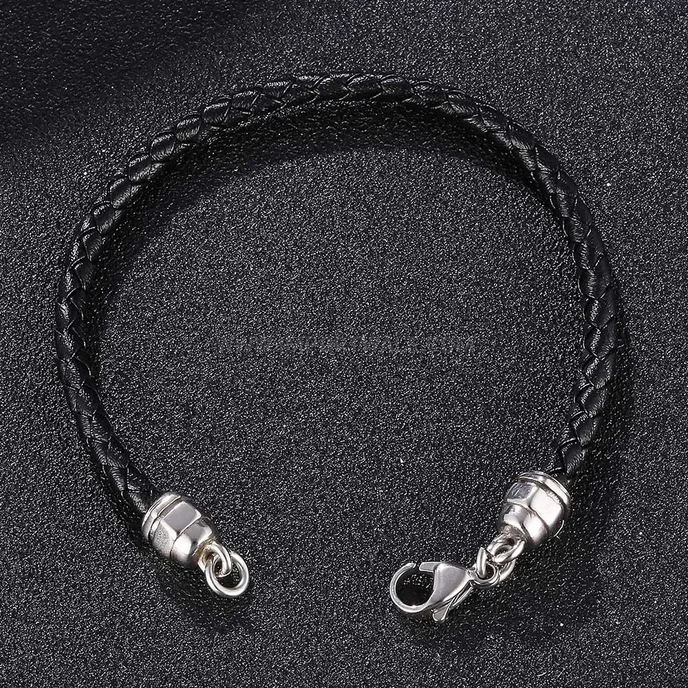 Woven Leather Hook Bracelet with Stainless Steel Accents