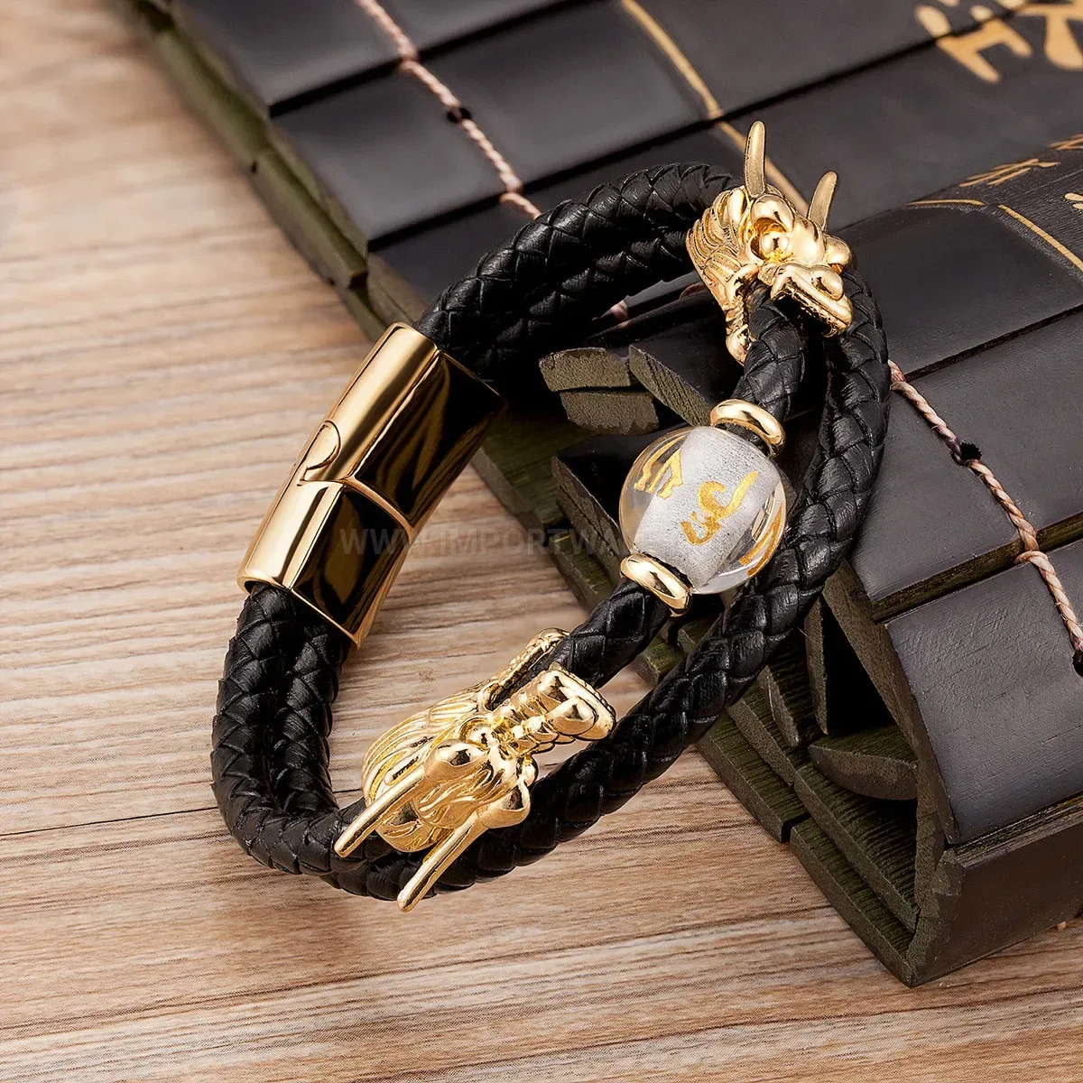 Double-Layer Braided Leather Dragon Clasp Bracelet