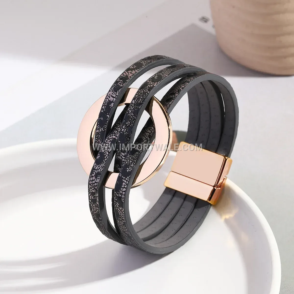 Leopard Print Leather Wrap Bracelet with Magnetic Ring Clasp