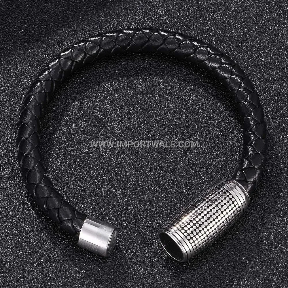 Classic Smooth Leather Wristband with Electroplated Steel Magnetic Closure