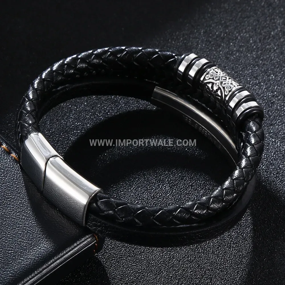 Viking Pattern Multi-Strand Braided Leather Steel Bracelet