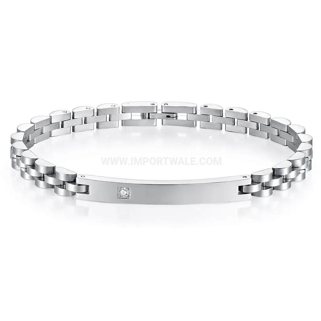 Cubic Zirconia Curved Plate Stainless Steel Strap Bracelet