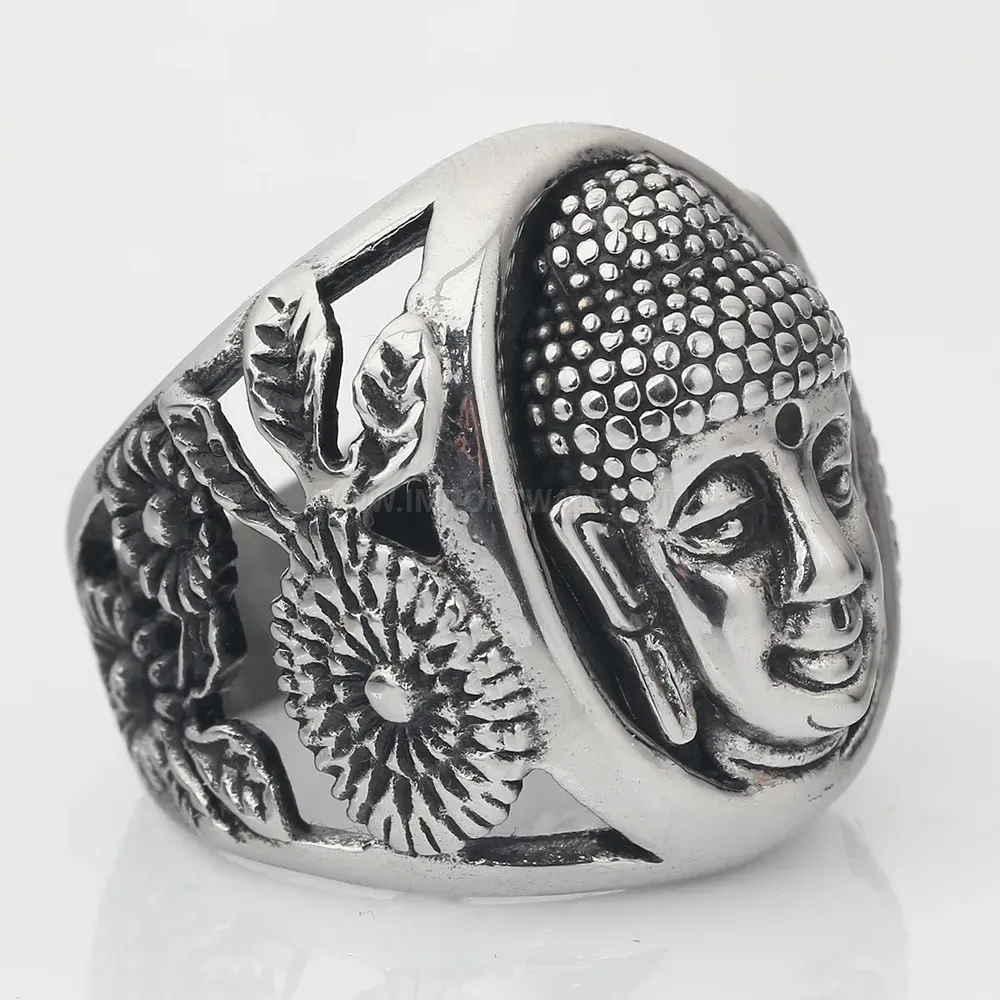 Bold Vintage Antique Stainless Steel Shakyamuni Buddha Face Statement Ring