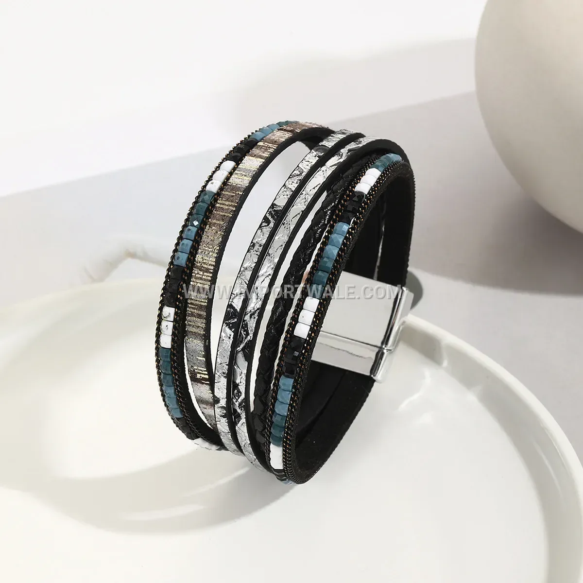 Multi-Strand Faux Leather Wrap Bracelet with Magnetic Clasp
