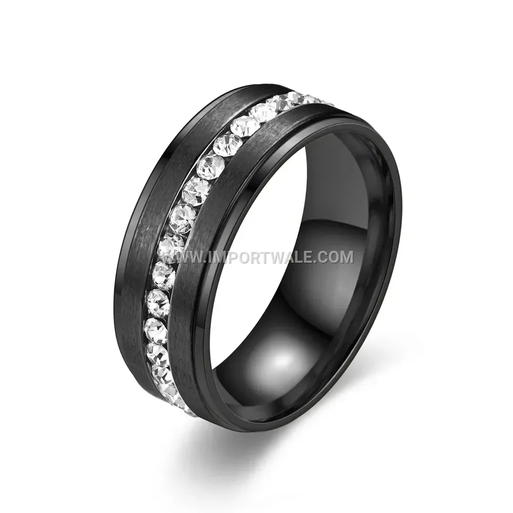 Matte Stepped Stainless Steel Eternity Band Ring with Crystals
