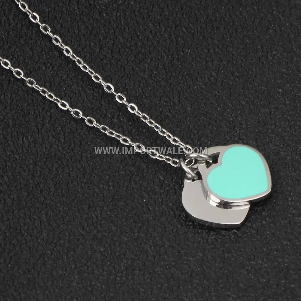Blue Enamel Double Heart Stainless Steel Pendant Necklace