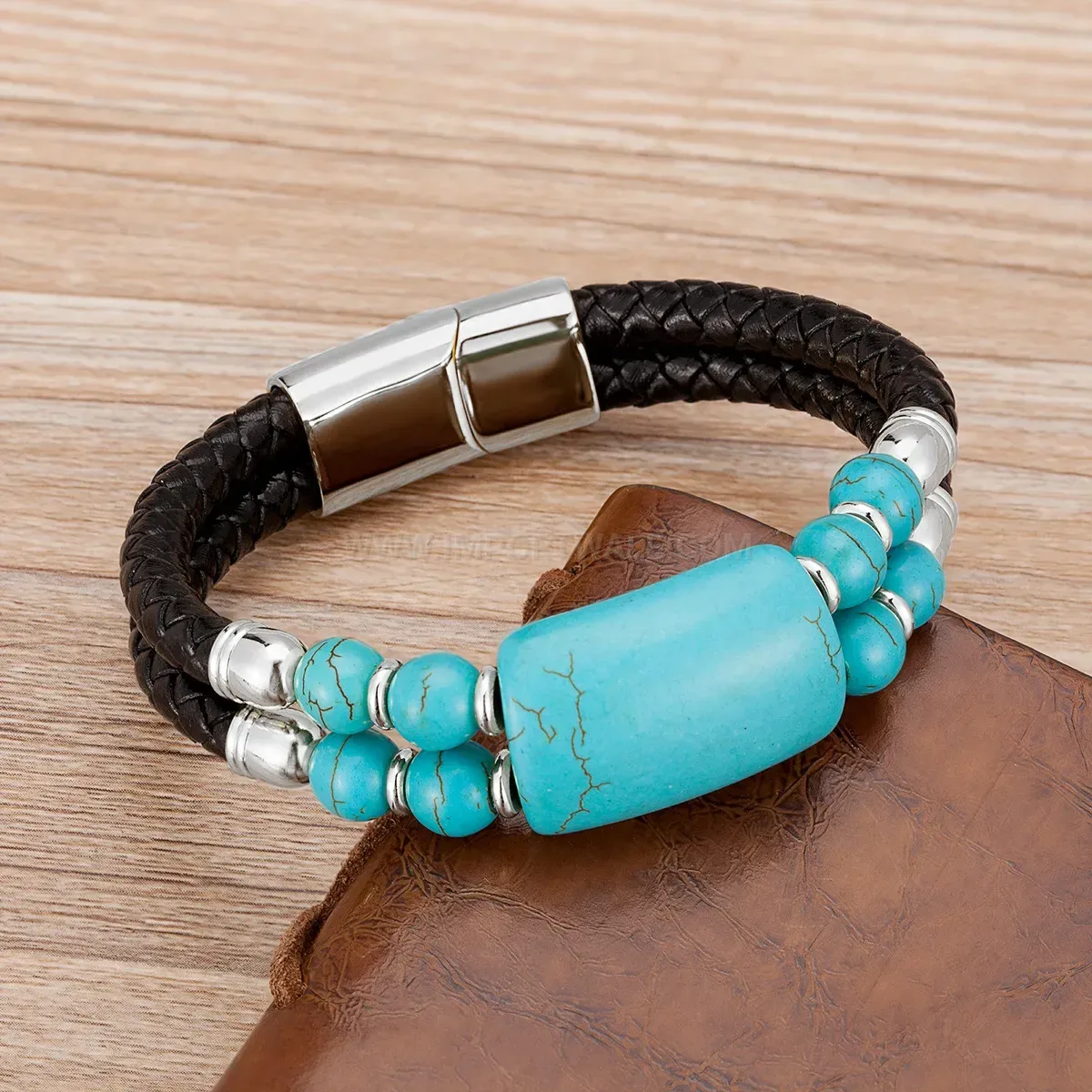 Double Strand Woven Leather Bracelet with Natural Stones